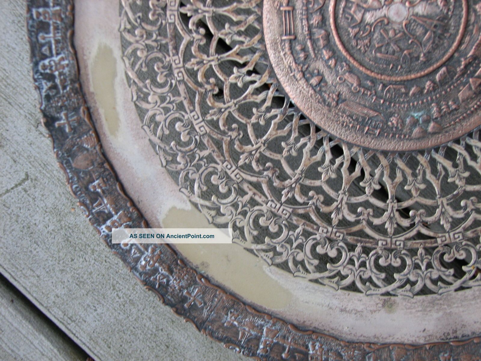Vintage Antique Platter With Intricate Inlaid Copper Metalware photo