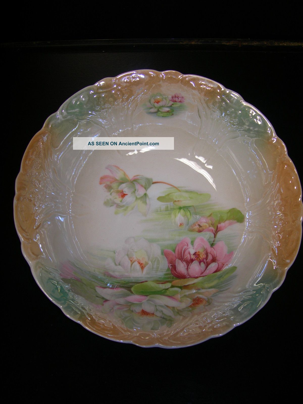 Floral Bowl Carnival Glass Shimmer Stamped Germany/ Excellent Shape Bowls photo