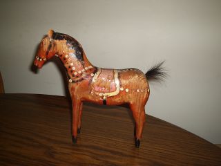 Vintage Hand Carved Wooden Horse With Horsehair Tail. . . photo
