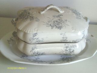 Antique Sf&j Semi Porcelain Stacking Casserole Serving Dish Lid & Platter Floral photo