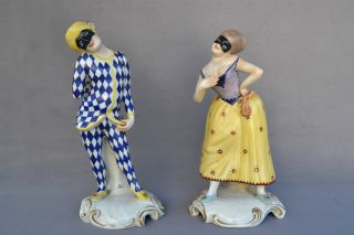 Pair Of Meissen Porcelain Harlequin Figurines Commedia Dell Arte photo