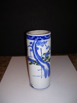 Tall Antique Cylinder Blue & White Jar With Enameling photo