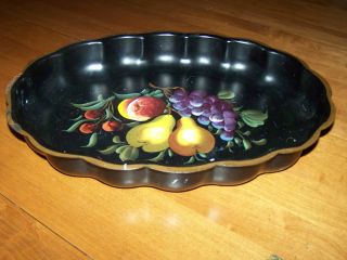 Vintage Nashco Black W/hand Painted Fruit Toleware Tray Platter photo