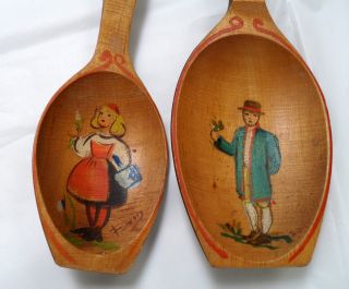 2 Tole Painted Vintage Wood Spoons W 19th C Figures,  Artist Signed photo
