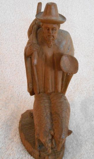 Vintage Carved Wood Statue Of Man W/knapsack And Sheep photo