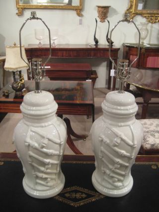 Pair Of Hollywood Regency Faux Bamboo Ginger Jars Lamps photo