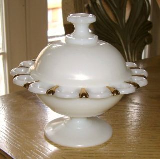 Pedestal Milk Glass/gold Trim Candy Dish_vintage Footed Lace Table Center Bowl photo