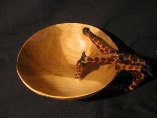 Primitive Art Hand Carved Wooden Bowl Drinking Giraffe Decorative Folk Africa photo