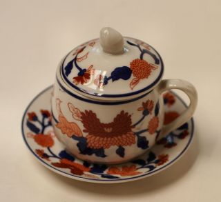Japanese Imari Pattern,  Vtg Small Hand Ptd Fine Porcelain Cup & Saucer W Lid photo