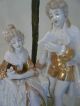Pair Vintage Antique Gilded Porcelain Courting Couples Table Boudoir Lamps Lamps photo 9