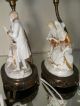 Pair Vintage Antique Gilded Porcelain Courting Couples Table Boudoir Lamps Lamps photo 3