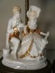 Pair Vintage Antique Gilded Porcelain Courting Couples Table Boudoir Lamps Lamps photo 6