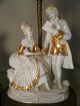 Pair Vintage Antique Gilded Porcelain Courting Couples Table Boudoir Lamps Lamps photo 7