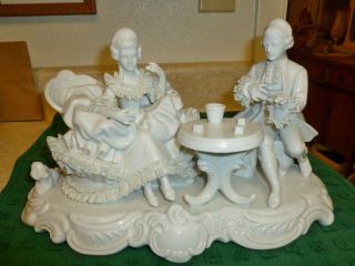Man Woman With Dog Figurine White Porcelain Germany? Victorian Couple At Table photo
