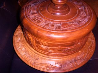 Teak Wood Handcarved Lazysusan Cake Plate Dish Cover Palmtrees Huts Animals $175 photo
