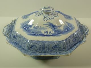 Antique P W Pearl Stone Ware Light Blue Covered Casserole Bowl photo
