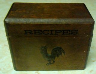 Unique Antique Dovetailed Wooden Recipes Box With Metal Rooster. photo