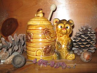 Antique Vintage Honey Bear Jar Pot With Hive & Bees - Japan - Holiday Gift Idea photo