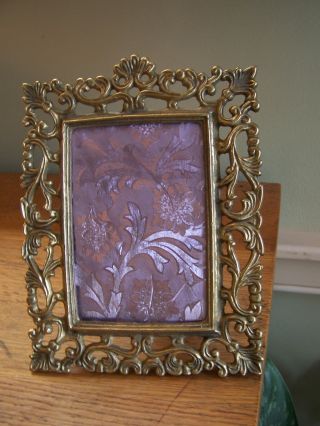 Vintage Victorian Deco Gold Cast Iron Metal Ornate Tabletop Vanity Mirror Frame photo