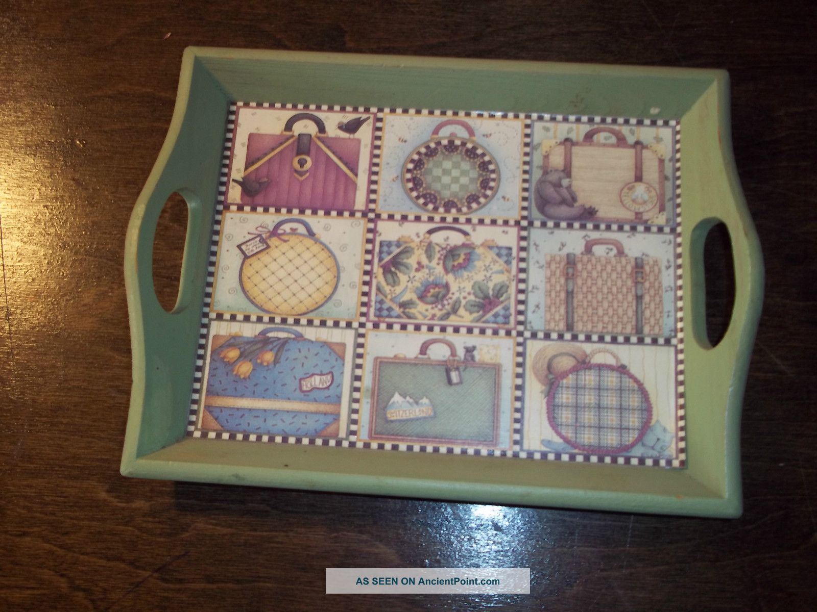 Cottage Style Wooden Decorate Tray - Green/pictural (upc 037435991474) New Trays photo
