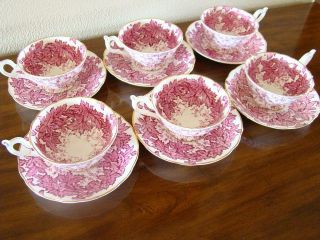 Six Coalport England Pink Leaf Chintz Footed Cups & Saucers Use For Soup Too photo