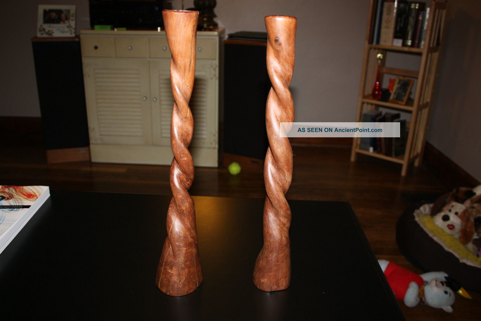 Antique Primitive Hand Carved Wooden Barley Twist Candle Stick Holders Primitives photo