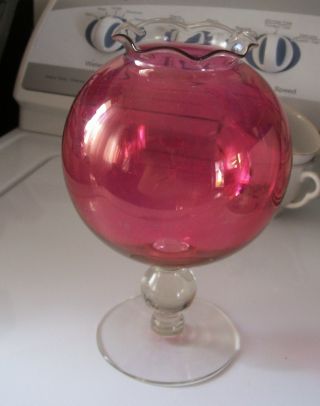 Footed Rose Bowl Vase In Cranberry Pink Glass 8 Inches Tall Clear Base photo