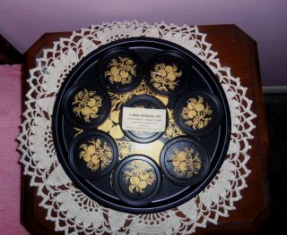 Vtg 9 Piece Beverage Set Tray & 8 Coasters Gold Cherries On Black Toleware photo