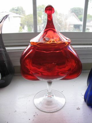 Vtg Red Italian Hand Blown Panel Optic Art Glass Apothecary Candy Jar Compote photo