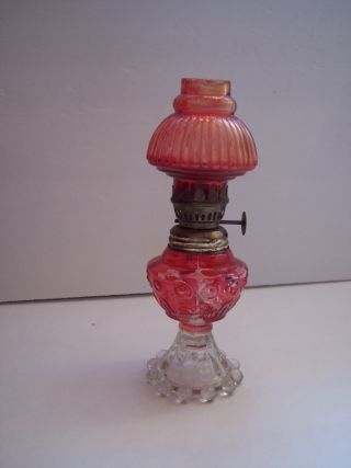 Vintage Candlewick Base Ruby Flash Bullseye Fluted Shade Miniature Oil Lamp photo