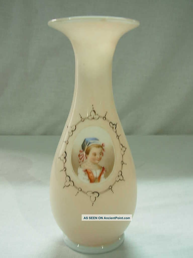 Antique Victorian Hand Painted Bristol Glass Portrait Vase With Little Girl Vases photo