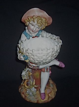 Antique Vintage Large Ceramic Porcelain Bisque Figurine Boy With Basket German? photo