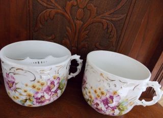 Antique Mustache Cup With One For The Mrs Too Matched Pair Handpainted photo
