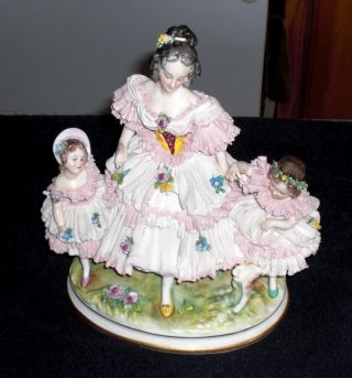 Vintage Dresden Lady Mother With Children And Lamb Lacy Porcelain Figurine photo