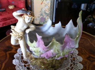 Nautical Themed German Bisque Porcelain Shell And Putti Vase Or Bowl photo