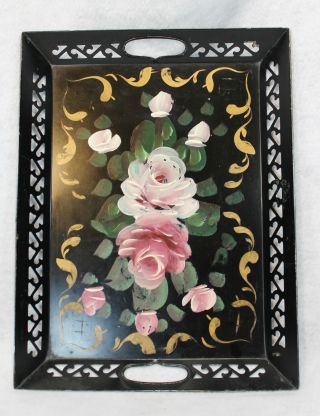 Vintage Country Pastel Flowers Hand Painted Toleware Tray In Very Good Condition photo