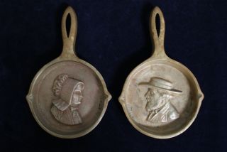 Vintage Or Antique John Wright Cast Brass Pans With Amish Man And Woman - Rare photo