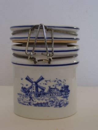 Vintage Antique White Teleflora Crock W/wire Bail Blue Windmill Scene photo