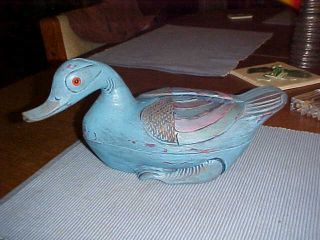 Hand Carved Wooden Decoy Duck Shaped Box Glass Eyes photo