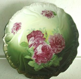 Antique Rw Bavaria Porcelain Fruit Bowl With Pink Roses Over Shades Of Green photo