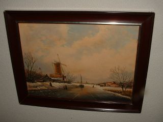 Old Oil Painting,  { Dutch Winter With Ice Skaters,  Is Signed,  Great Frame }. photo
