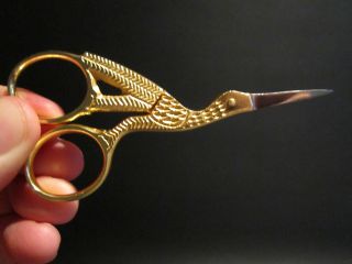 Repro Antique Midwife Stork Scissors French English Needlework Sewing Tool photo