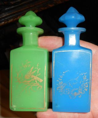 2 Antique French Opaline Glass Perfume Cologne Dresser Bottles Blue Green Gold photo