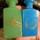2 Antique French Opaline Glass Perfume Cologne Dresser Bottles Blue Green Gold Perfume Bottles photo 1