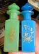 2 Antique French Opaline Glass Perfume Cologne Dresser Bottles Blue Green Gold Perfume Bottles photo 2