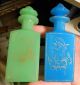 2 Antique French Opaline Glass Perfume Cologne Dresser Bottles Blue Green Gold Perfume Bottles photo 3
