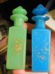 2 Antique French Opaline Glass Perfume Cologne Dresser Bottles Blue Green Gold Perfume Bottles photo 4