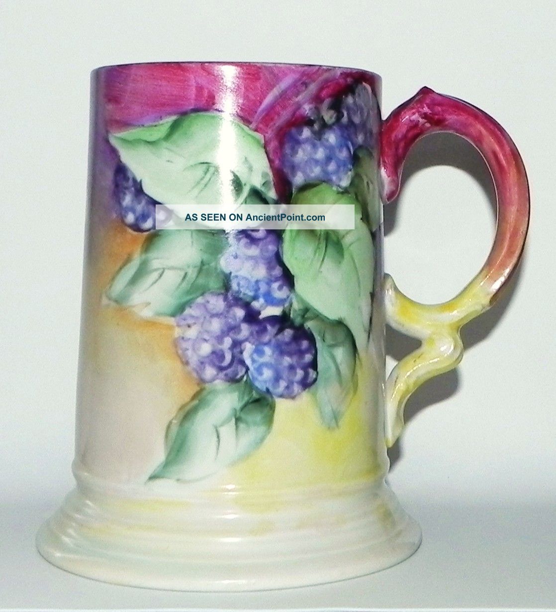Antique Austrian Hand Painted Porcelain Blackberry Mug Green Mark Artist Signed Mugs & Tankards photo