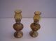 2 Vintage Pressed Glass Amber Taupe Miniature Oil Lamp & Chimney Brass Base 5.  5 