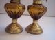 2 Vintage Pressed Glass Amber Taupe Miniature Oil Lamp & Chimney Brass Base 5.  5 